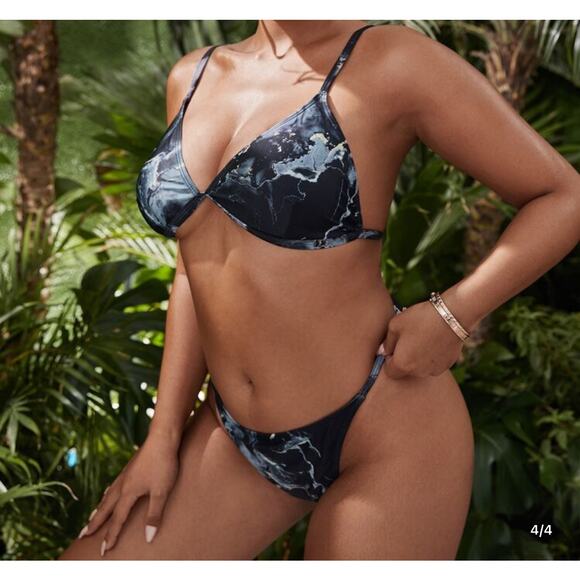 SHEIN 1XL Black Marble Print Bikini Set - Picture 1 of 6